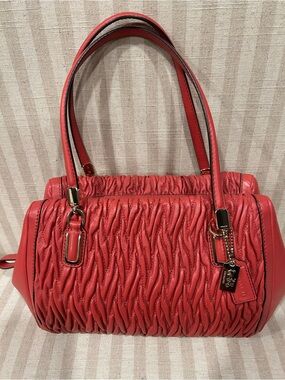 Coach Coral Red Ruched Leather Shoulder Bag with Gold Hardware